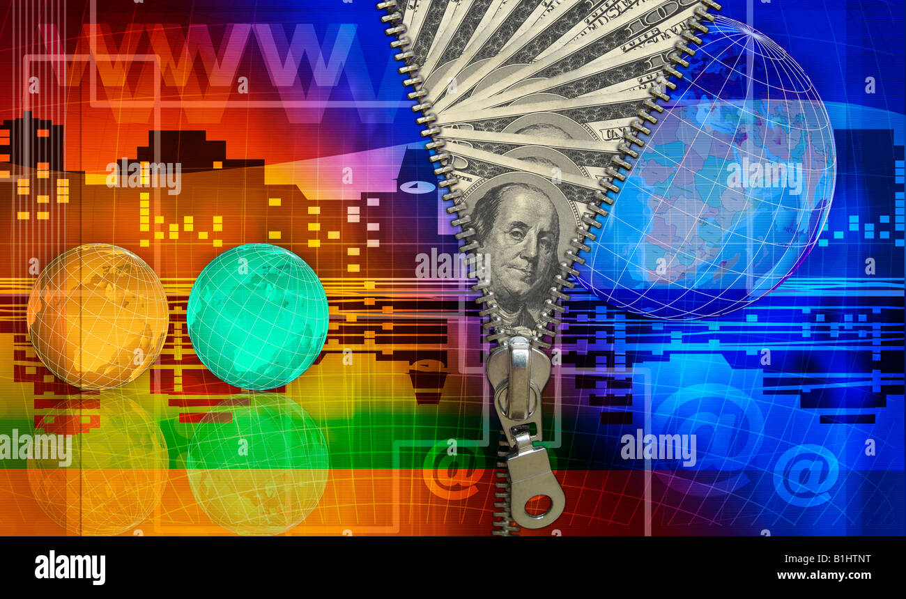 Zipper illustrazione concettuale: ricerca internet, internet e il denaro, il denaro online, denaro per internet, tecnologie e finanze Foto Stock