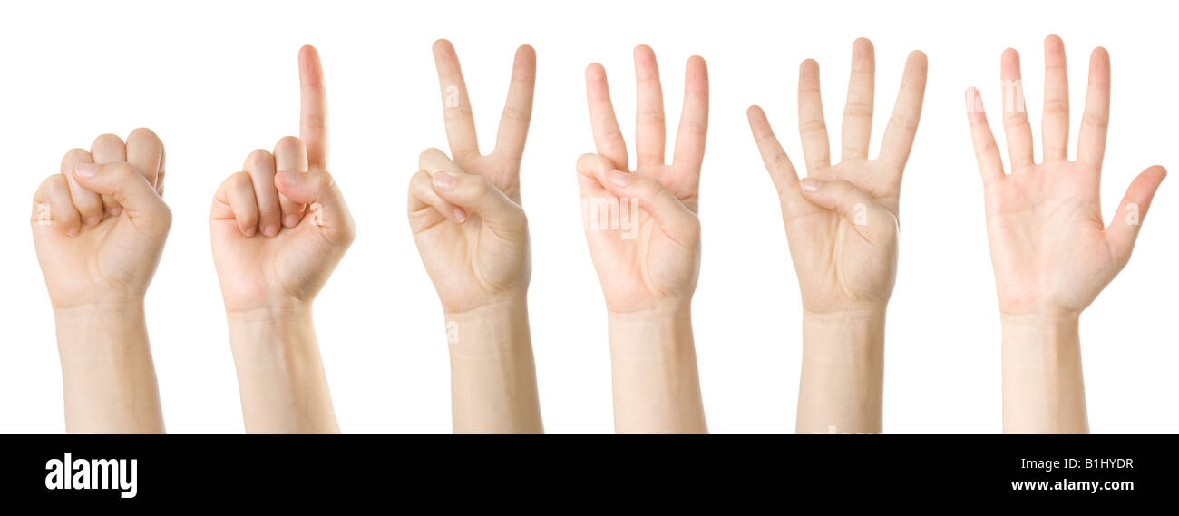 Set di mani rendendo i numeri da 0 a 5 Foto Stock