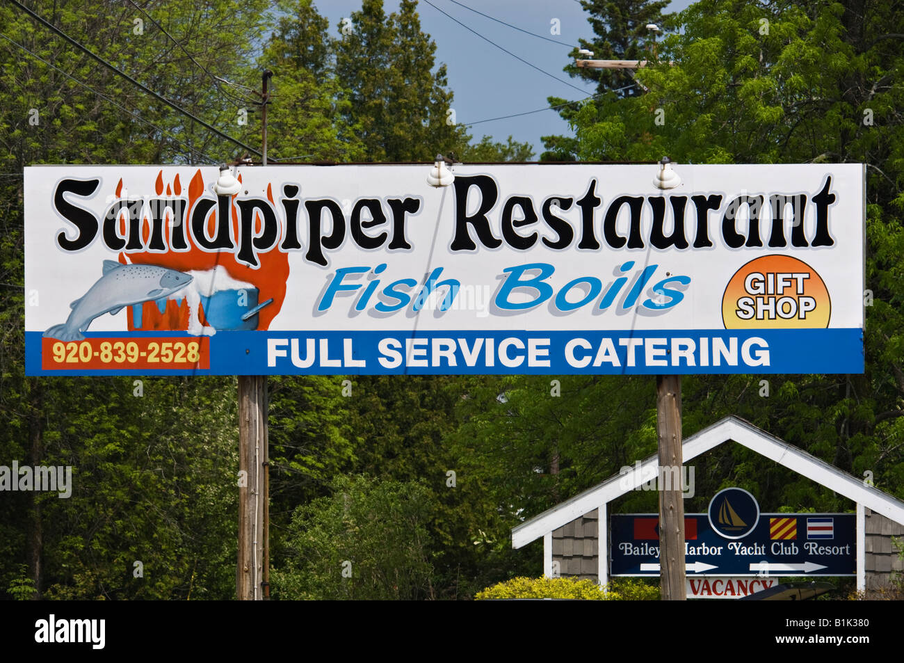 Ristorante segno pubblicità pesce bollire Door County Wisconsin Foto Stock