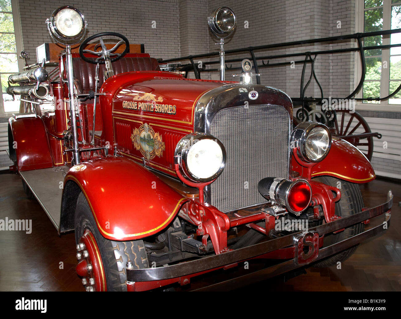 1924 Seagrave camion dei pompieri in mostra presso il Museo Ford a Detroit, Michigan Foto Stock
