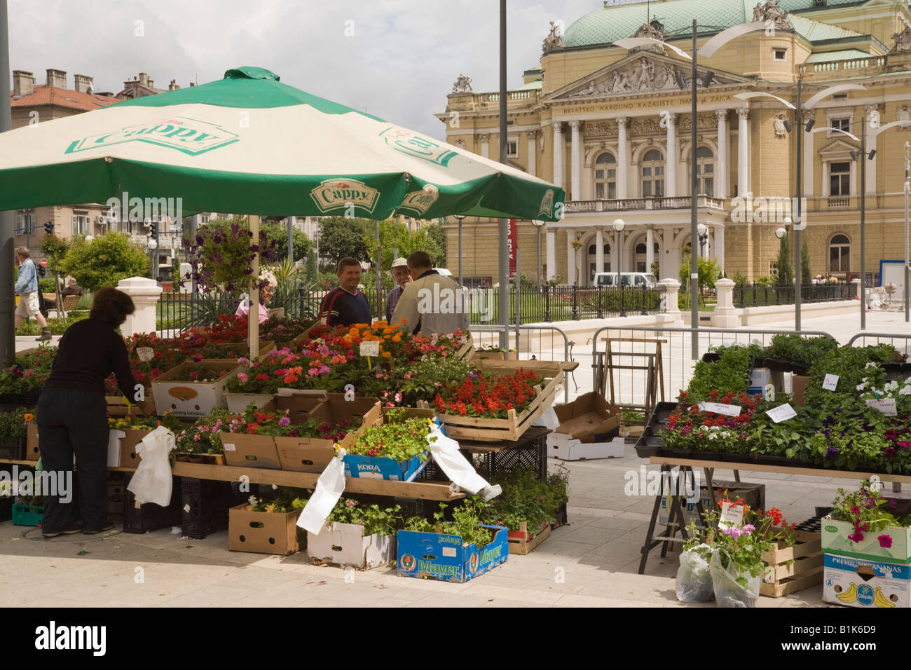 Strada del mercato bancarella vendendo piante e fiori dal teatro nazionale e Opera House Edificio. Rijeka Croazia Europa Foto Stock
