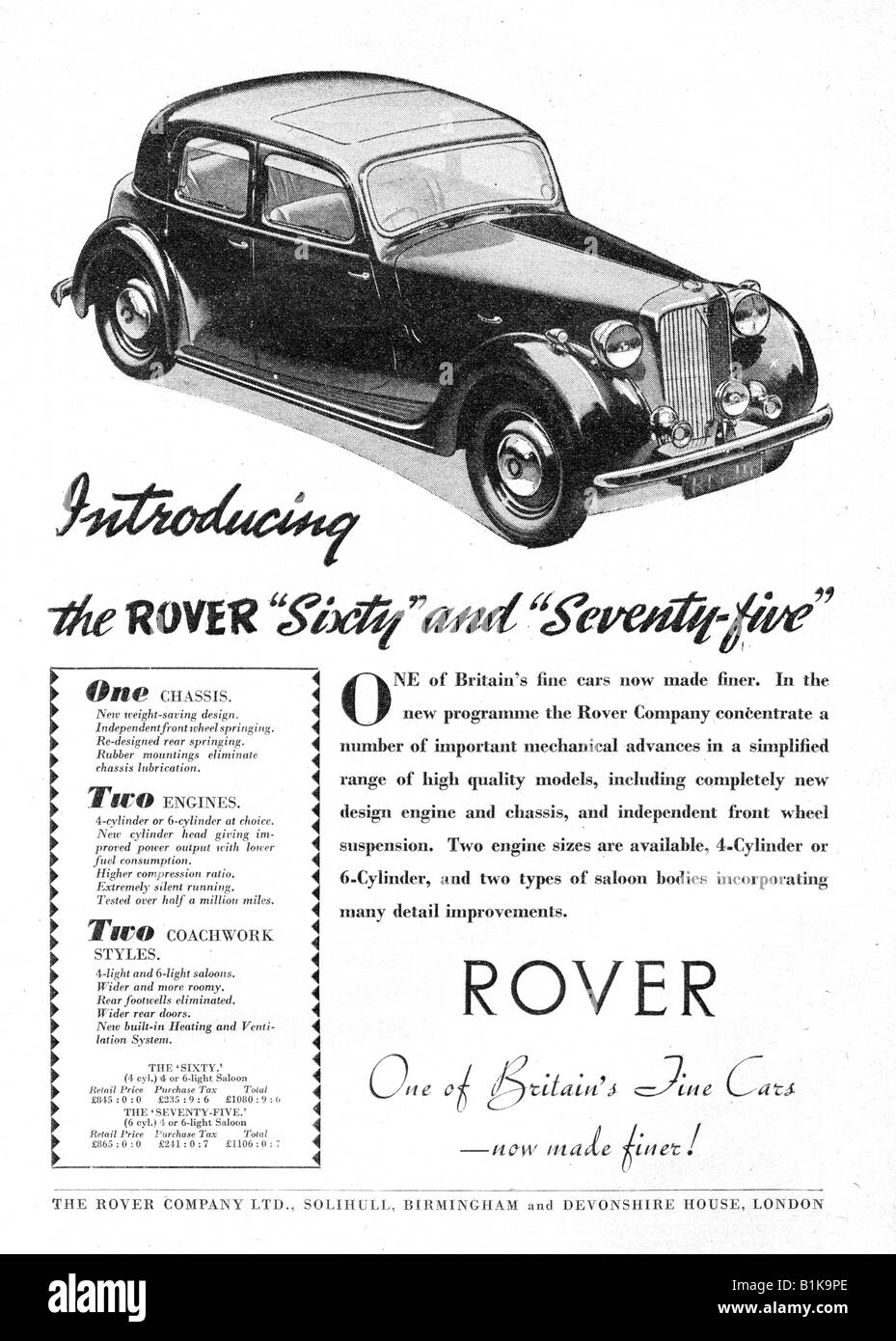 1948 annuncio per il Rover sessanta sessanta e settanta cinque 75 automobili per solo uso editoriale Foto Stock