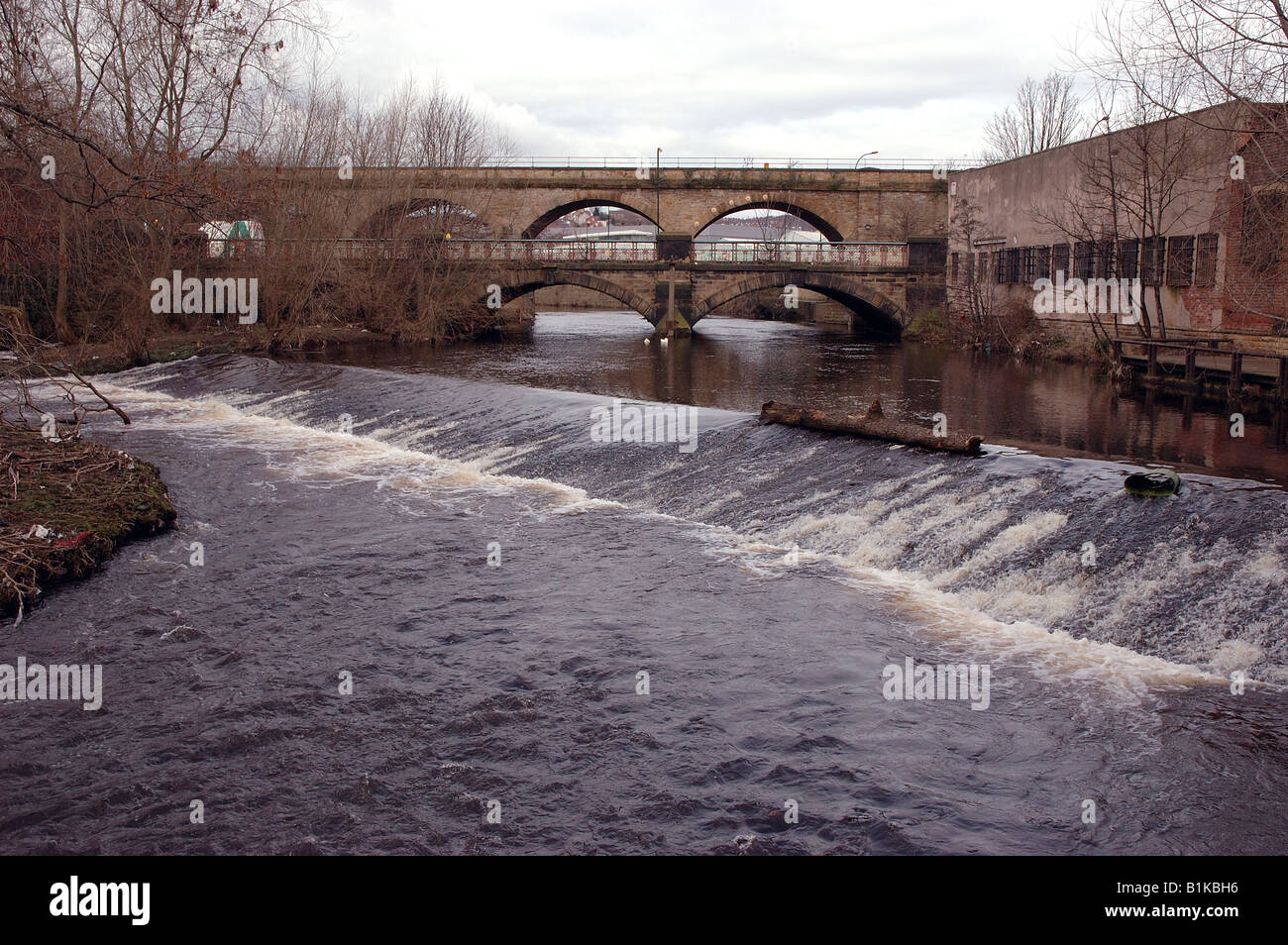 Fiume Don acqua correre su Burton Weir.Norfolk ponte in background. Foto Stock