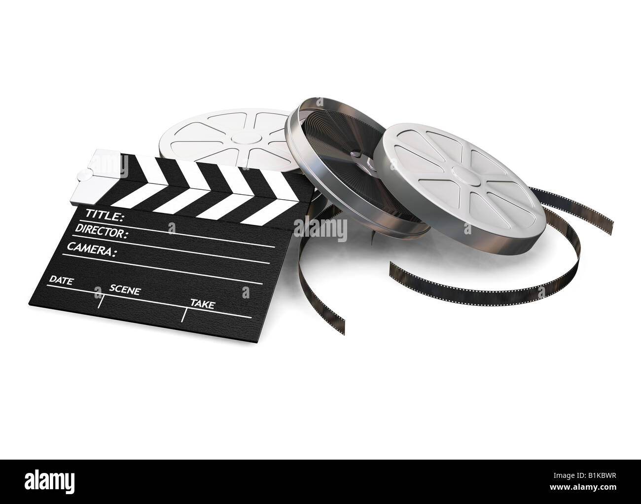 3D render di bobine di film ed un battaglio scheda su sfondo bianco Foto Stock