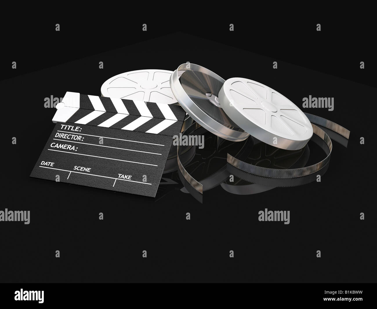 3D render di bobine di pellicola e il battaglio board Foto Stock
