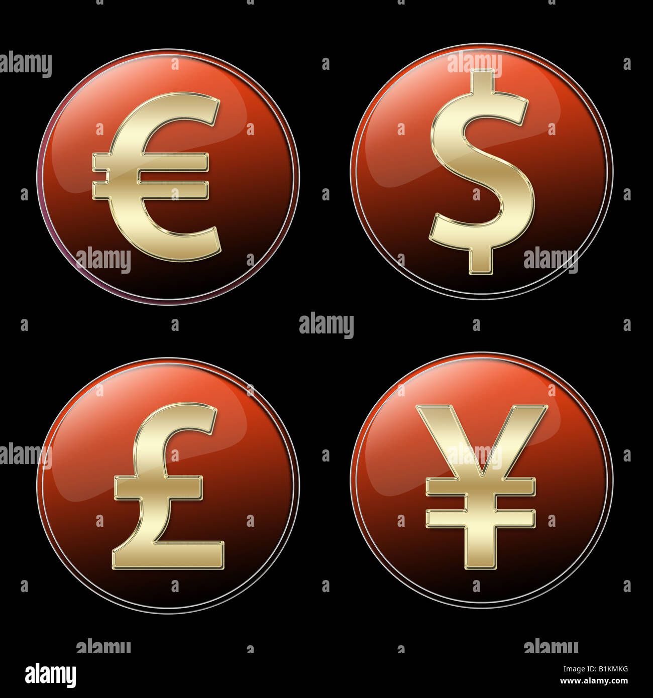 Quattro diverse valute segni pulsanti Foto Stock