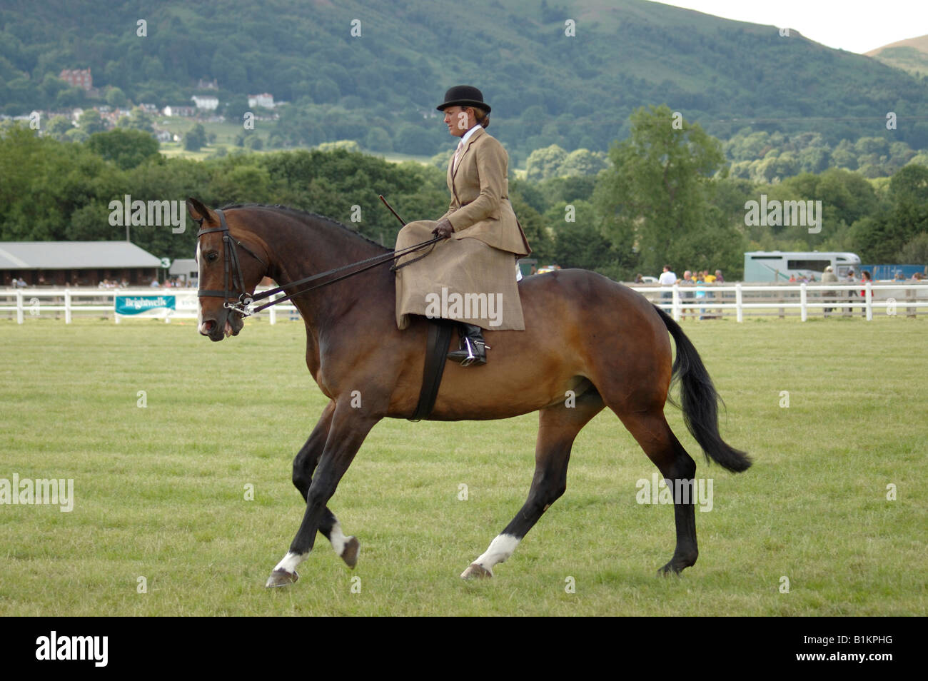 Donna di equitazione sella laterale Foto Stock