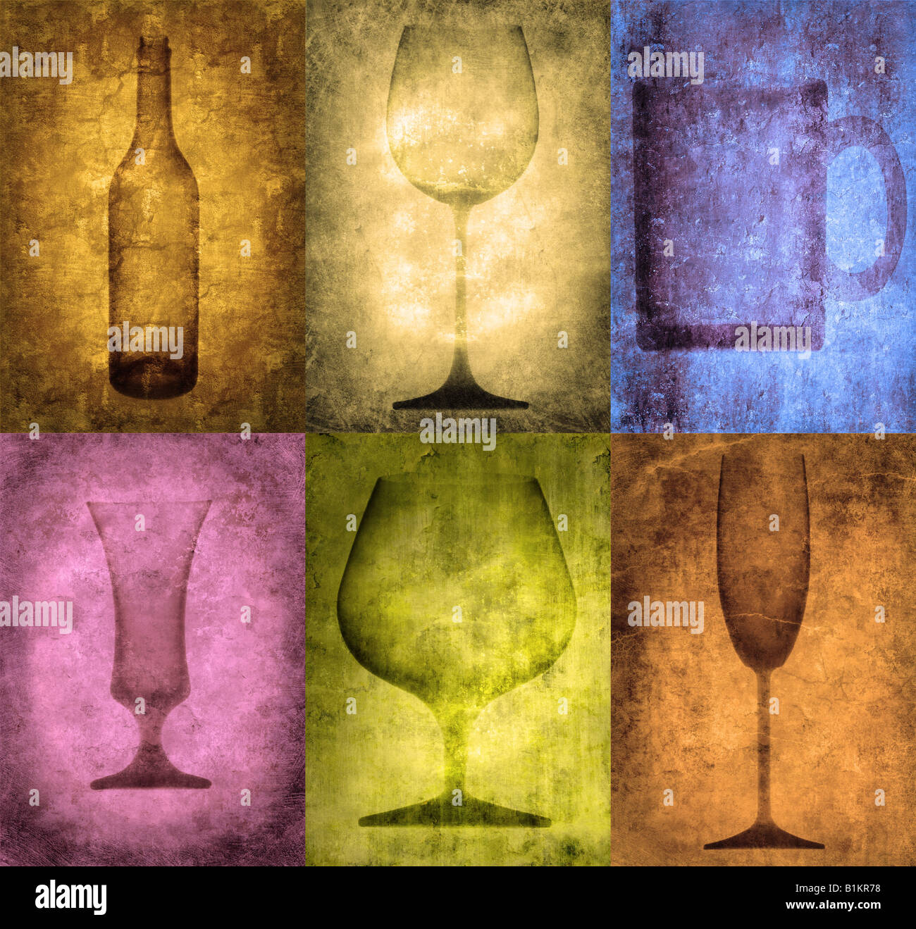 Grunge illustrazione con bottiglia e bicchieri, vintage stilizzata Foto Stock