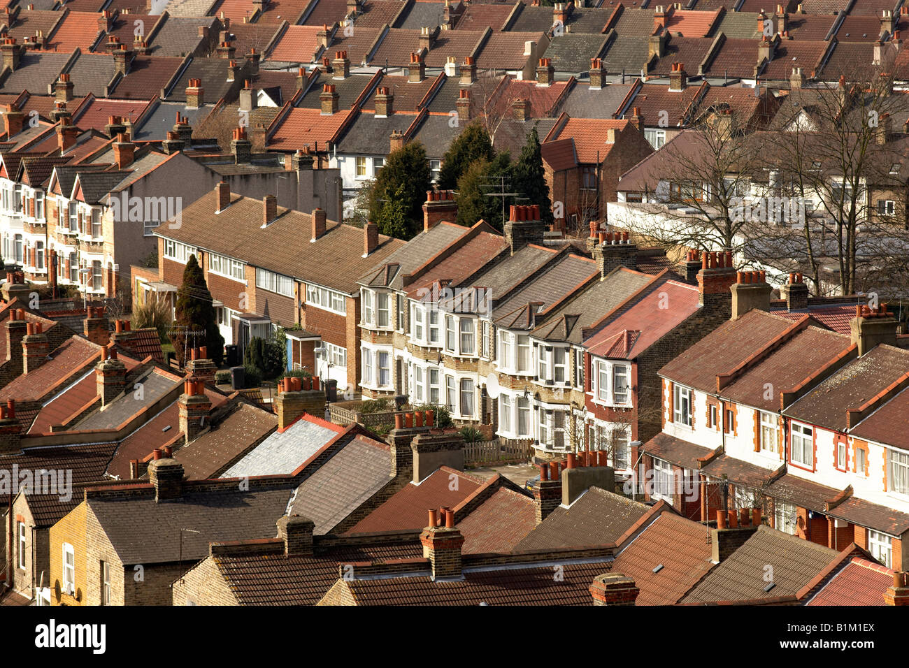 Vista ad alto livello dei tetti suburbane, Greenside Rd Croydon. Foto Stock