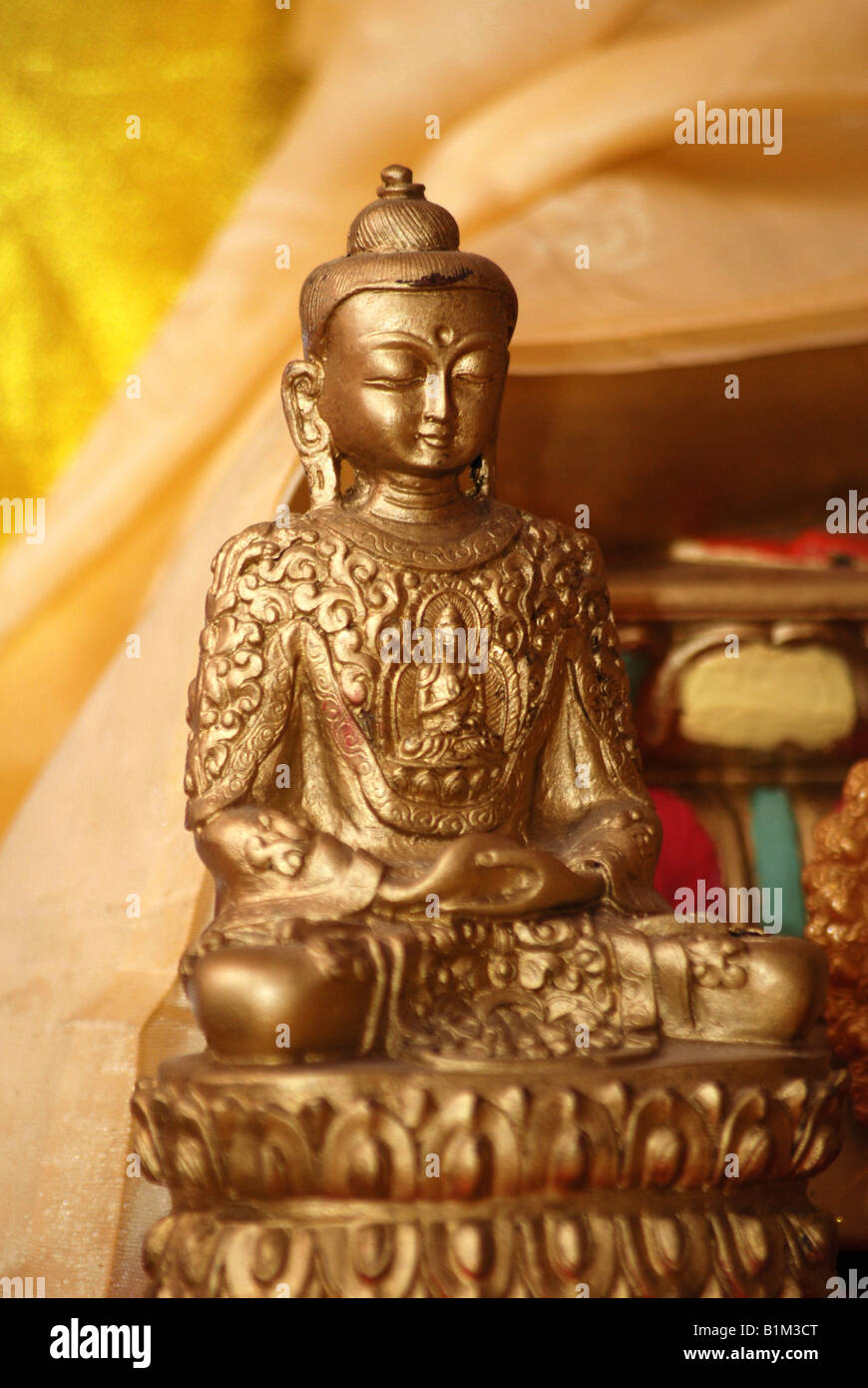 Gautama Buddha (Siddhattha Gotama o Shakyamuni Buudha) figura in una tradizionale sala di preghiera in Tibetan House Foto Stock