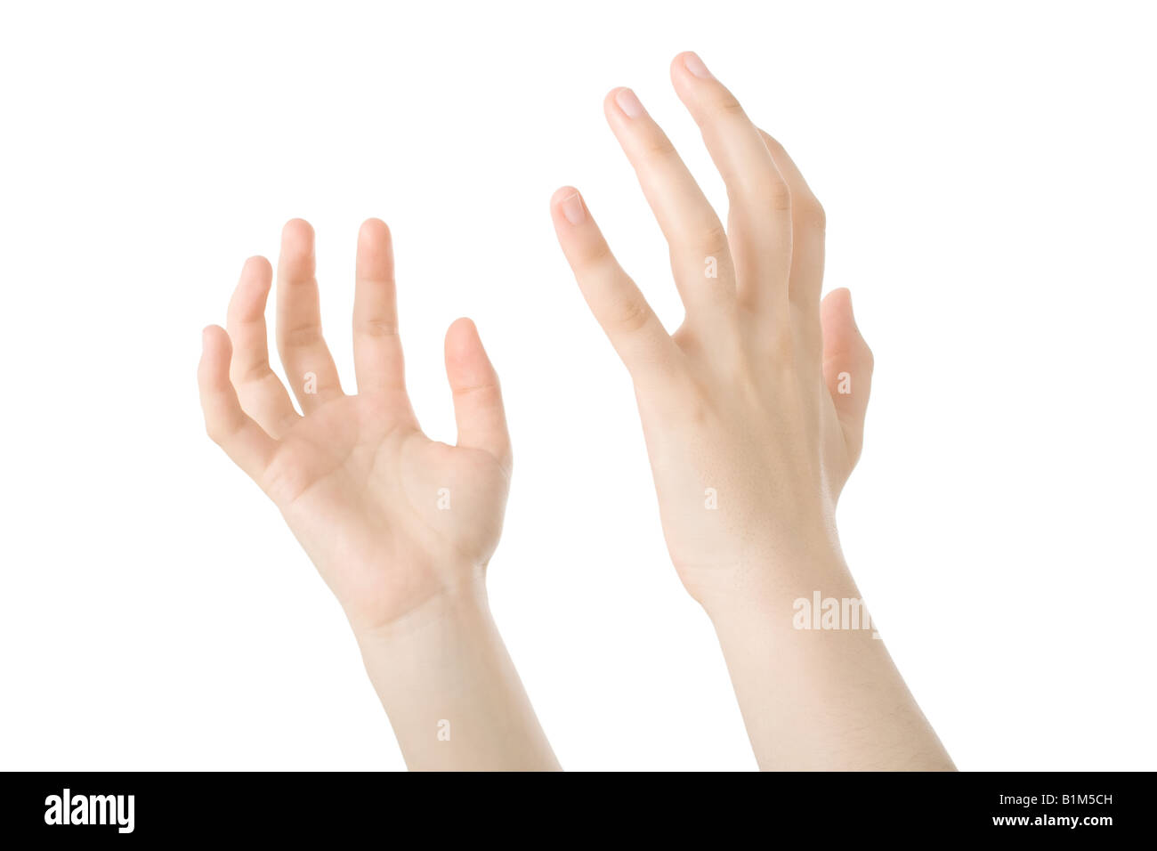 Le mani aperte nella preghiera isolati su sfondo bianco Foto Stock