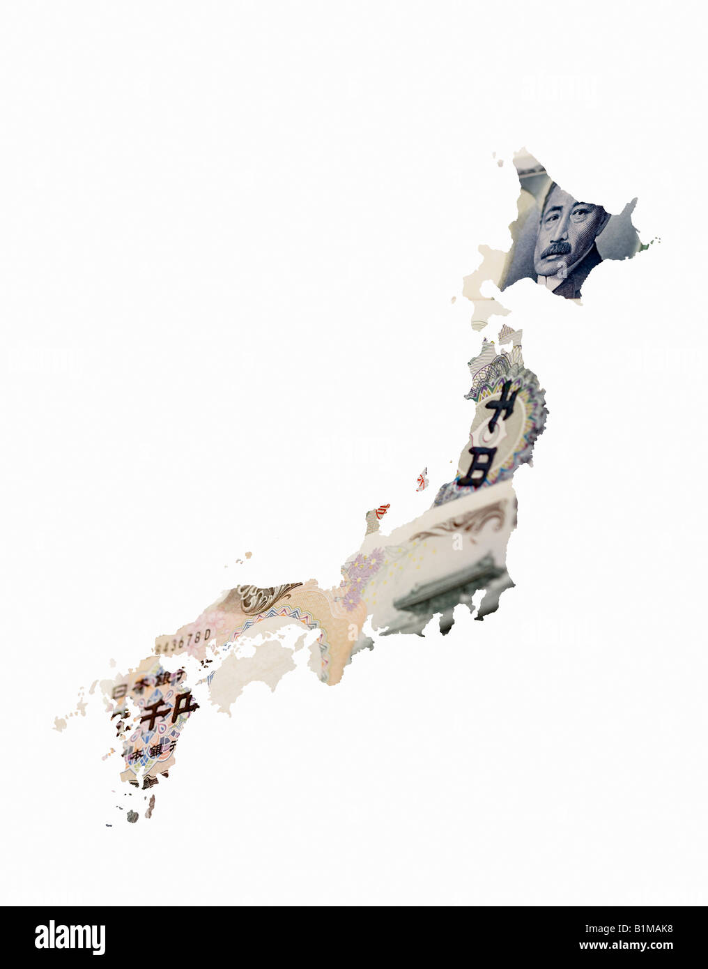 Montaggio della moneta giapponese sulla mappa di Giappone Foto Stock