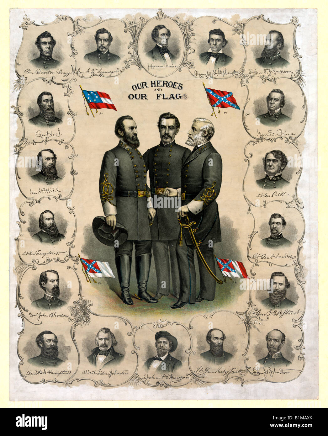 Litografia con i generali e i politici degli Stati Confederati d'America negli Stati Uniti la Guerra Civile 1861 - 1865 Foto Stock