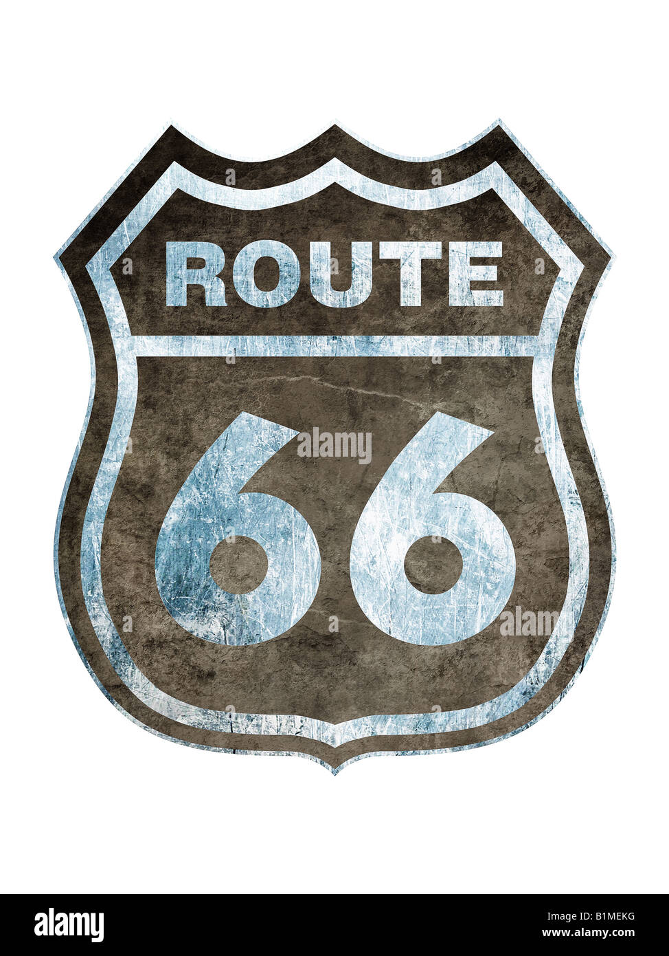 Route 66 segno, isolata contro uno sfondo bianco. Vecchie e arrugginite style Foto Stock