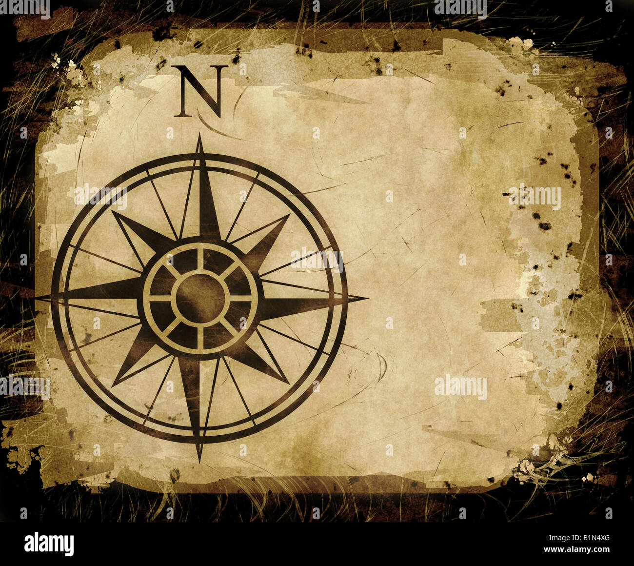 Grande freccia nord e bussola sulla vecchia carta pergamena con spazio di copia Foto Stock