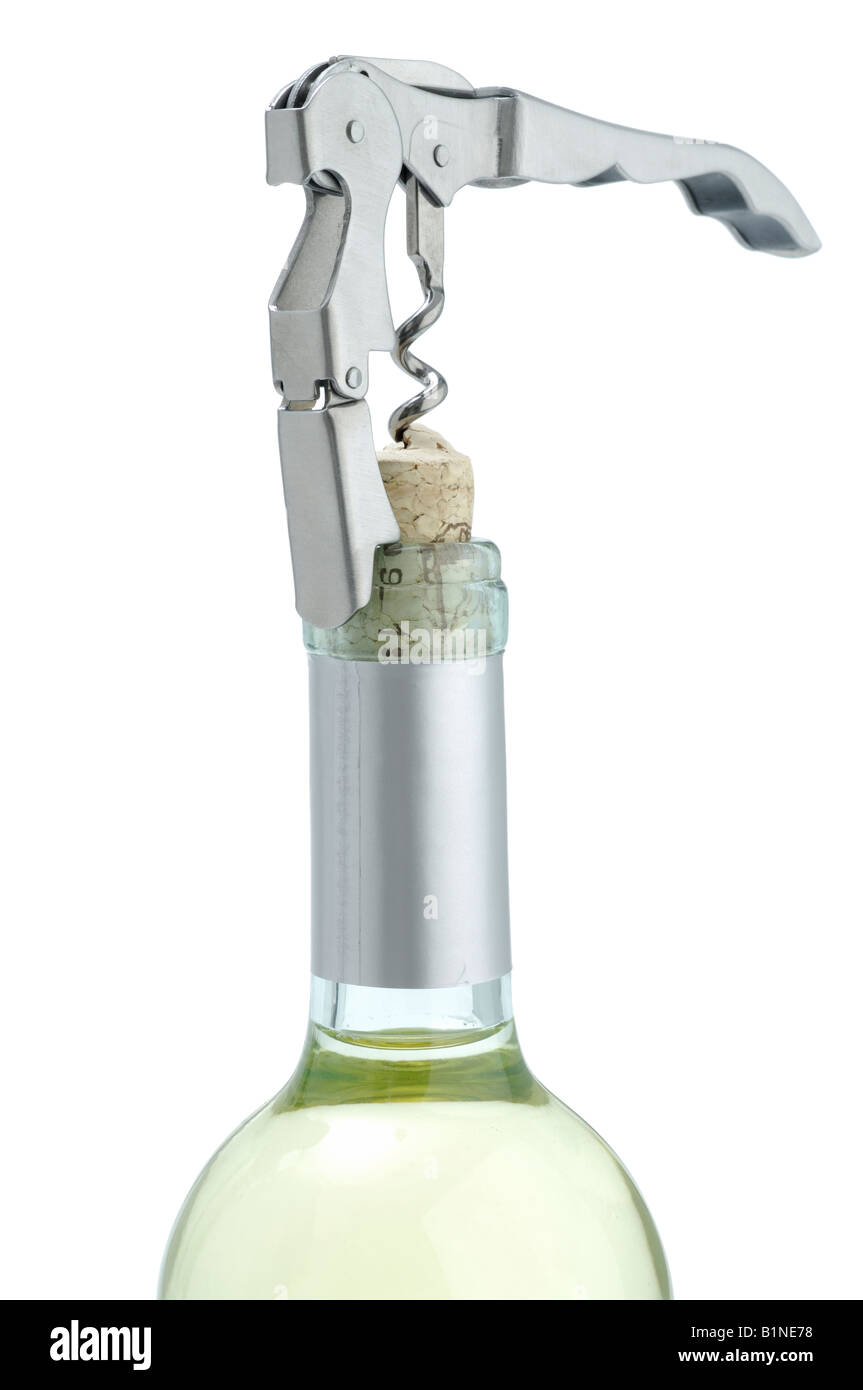 Aprire la bottiglia di vino con un cavatappi Foto Stock