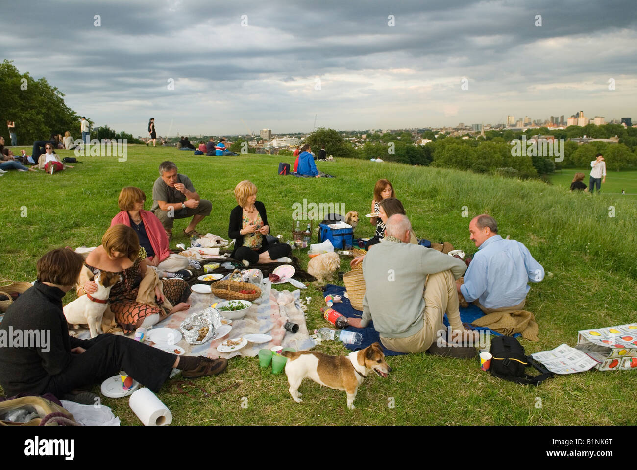 I proprietari di cani con i loro cani da compagnia un picnic estivo serale all'aperto, Primrose Hill London skyline Middle class Londoners UK 2008 2000s HOMER SYKES Foto Stock