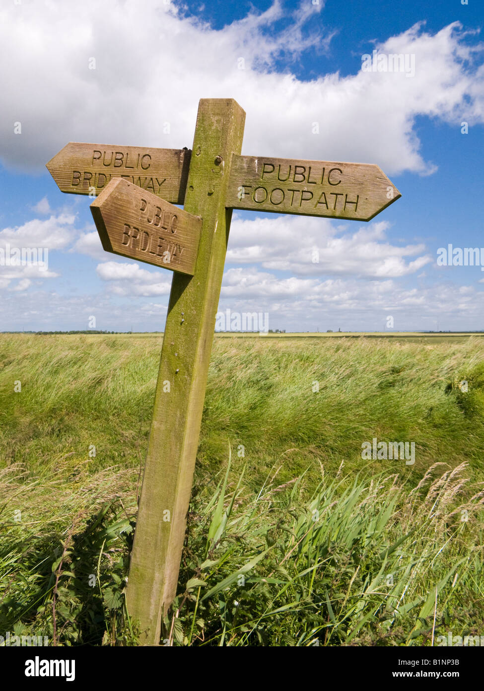 Sentiero in legno direzione post di segno che indica sentieri pubblici e bridleways nelle Marshlands, East Yorkshire, Inghilterra, Regno Unito Foto Stock