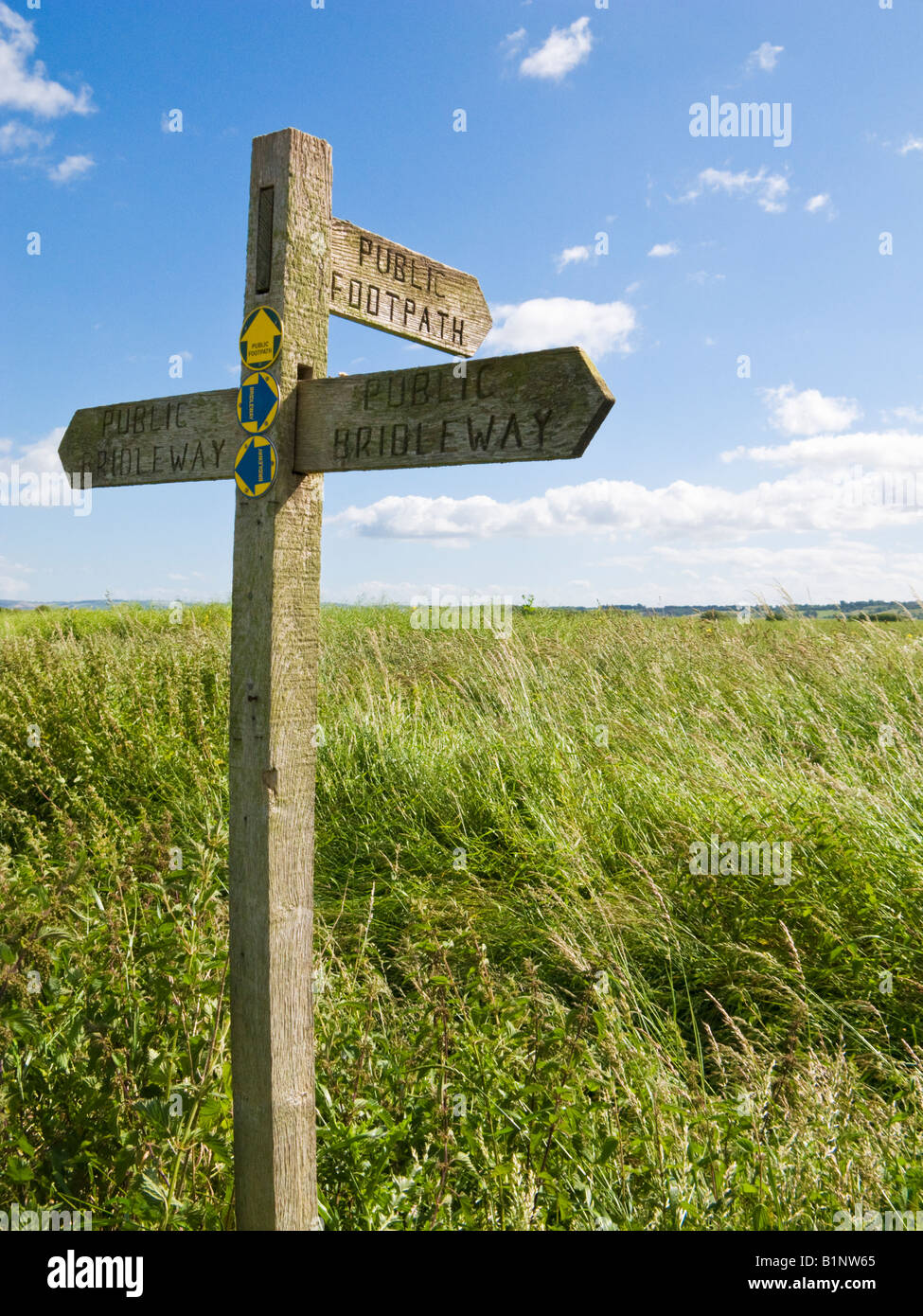 Cartello in legno che indica sentieri pubblici e bridleways paludi, nello Yorkshire, Regno Unito Foto Stock