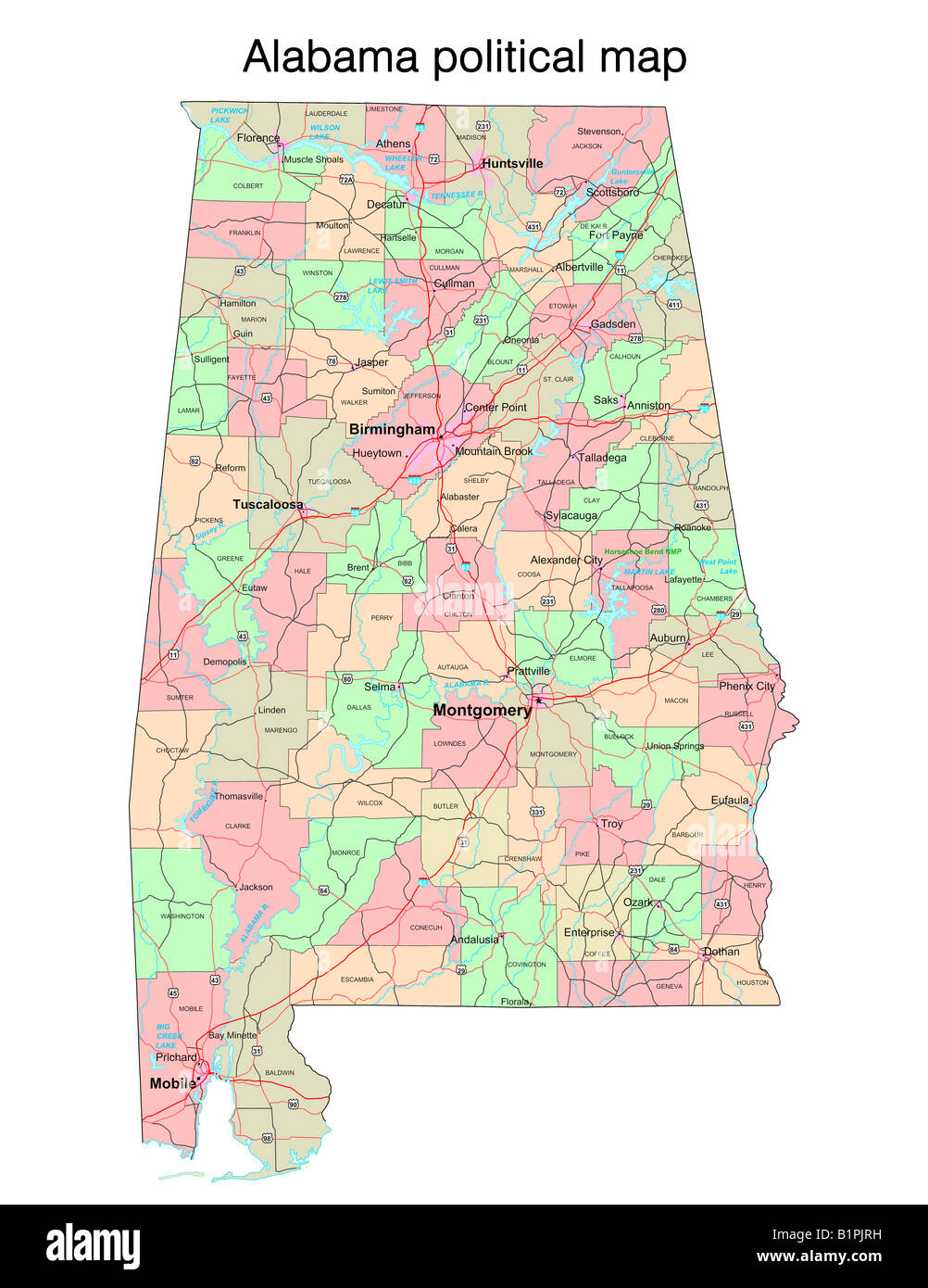 Lo stato dell'Alabama mappa politico Foto Stock
