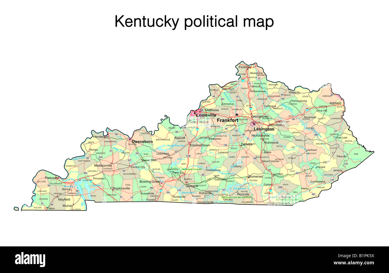 Stato del Kentucky mappa politico Foto Stock