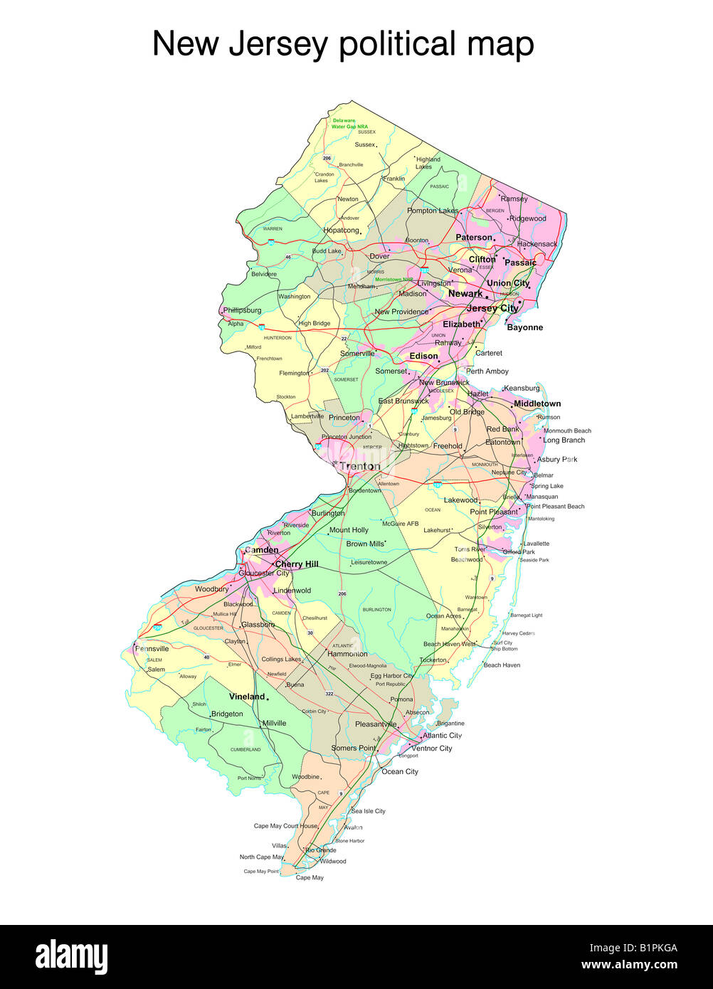 New Jersey stato mappa politico Foto Stock