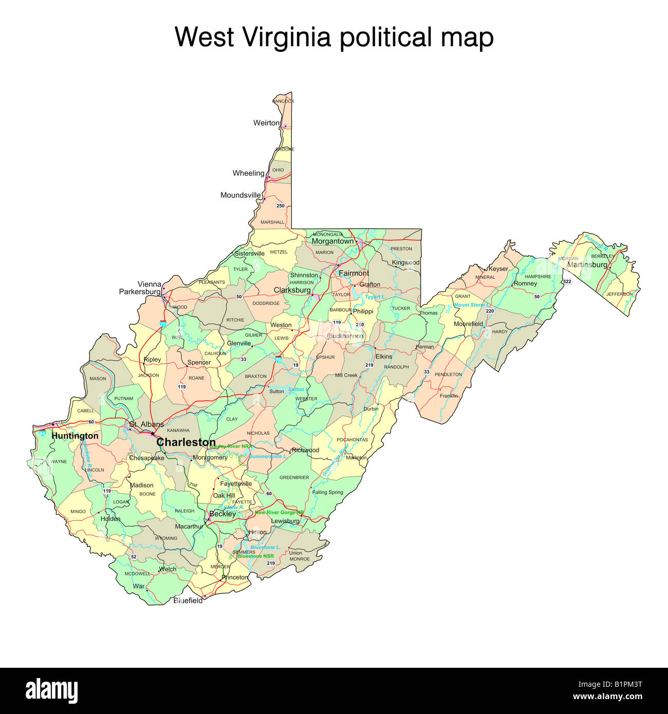West Virginia stato mappa politico Foto Stock