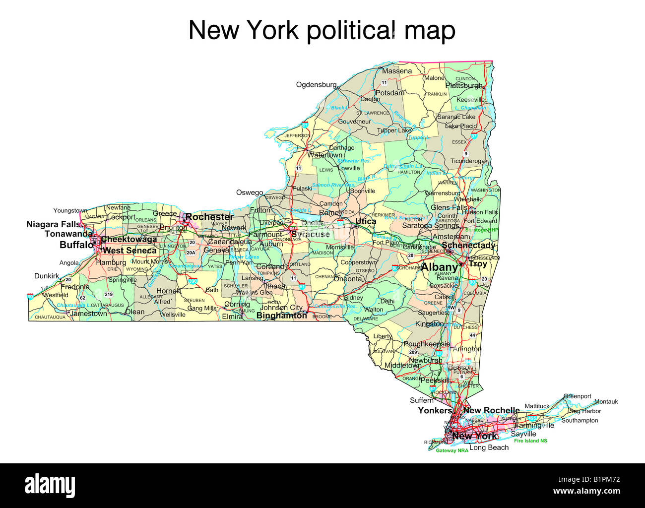 Lo stato di New York mappa politico Foto Stock