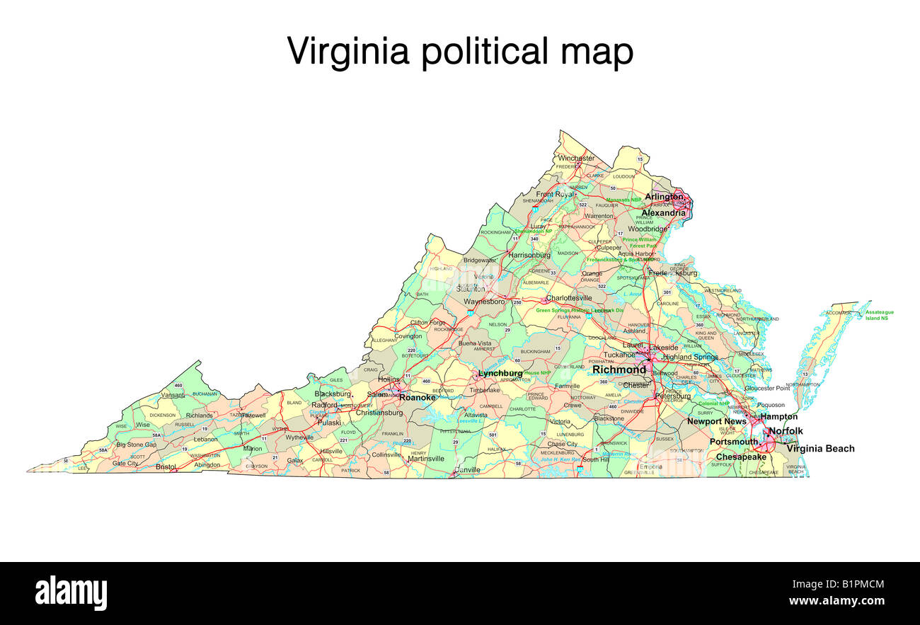 Stato della Virginia mappa politico Foto Stock