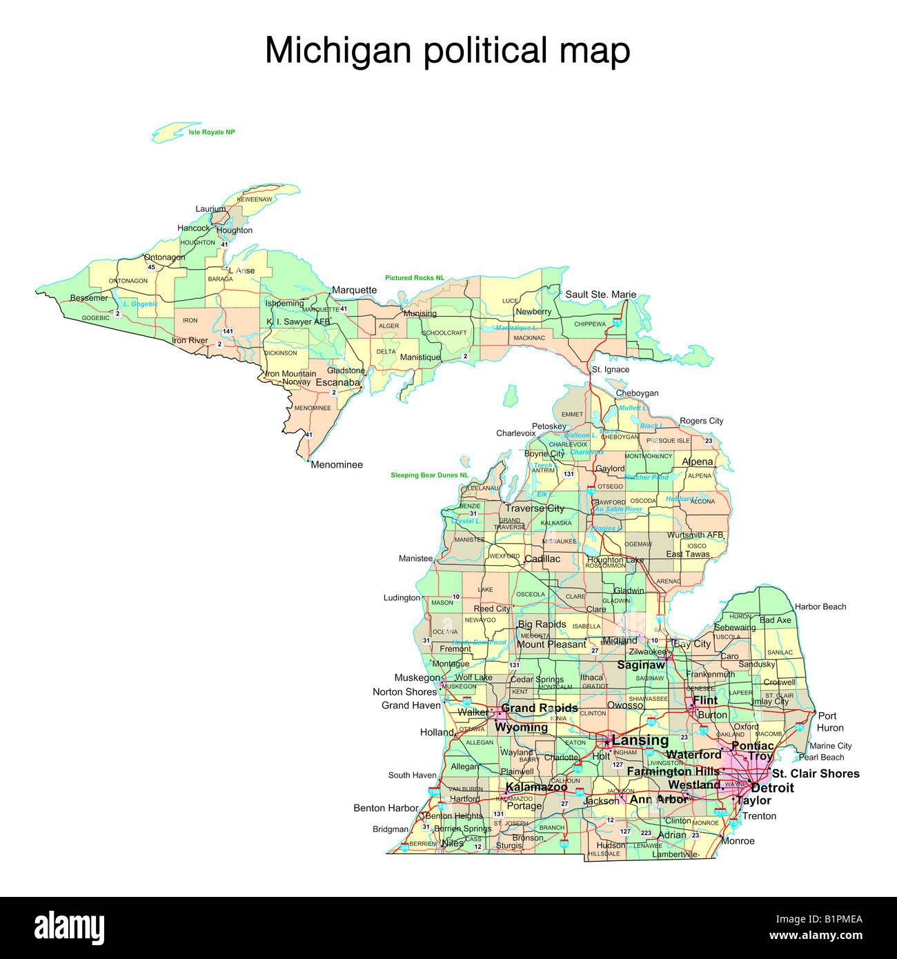 Stato del Michigan mappa politico Foto Stock