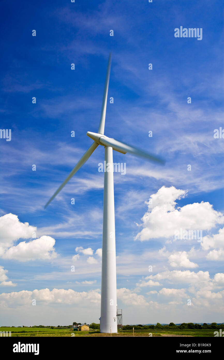Singola turbina eolica contro un estate blu cielo con flufffy nuvole bianche, prese a Westmill Wind Farm, Oxfordshire, England, Regno Unito Foto Stock