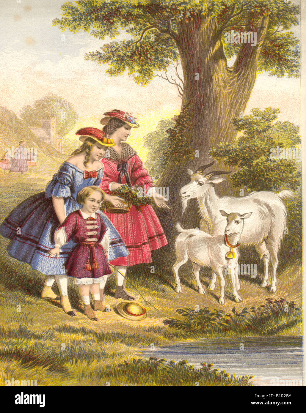 Chromolithographed stampa Vittoriano del paese gita mostra i bambini a parlare di capra e kid nel 1860 circa Foto Stock
