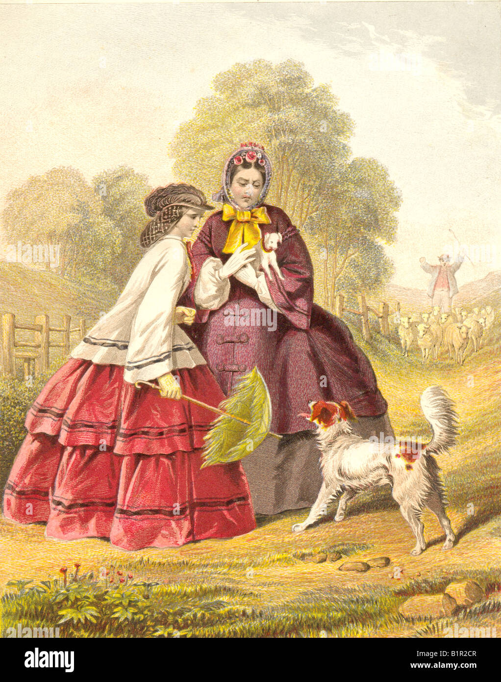 Chromolithographed stampa Vittoriano di madre e figlia di proteggere i loro cucciolo da sheepdog. Nel 1860 circa Foto Stock