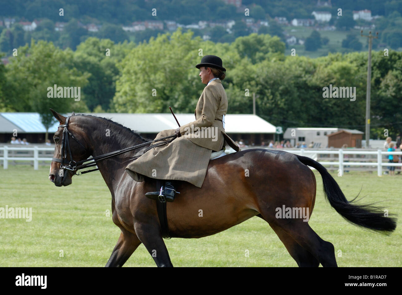 Donna di equitazione sella laterale Foto Stock