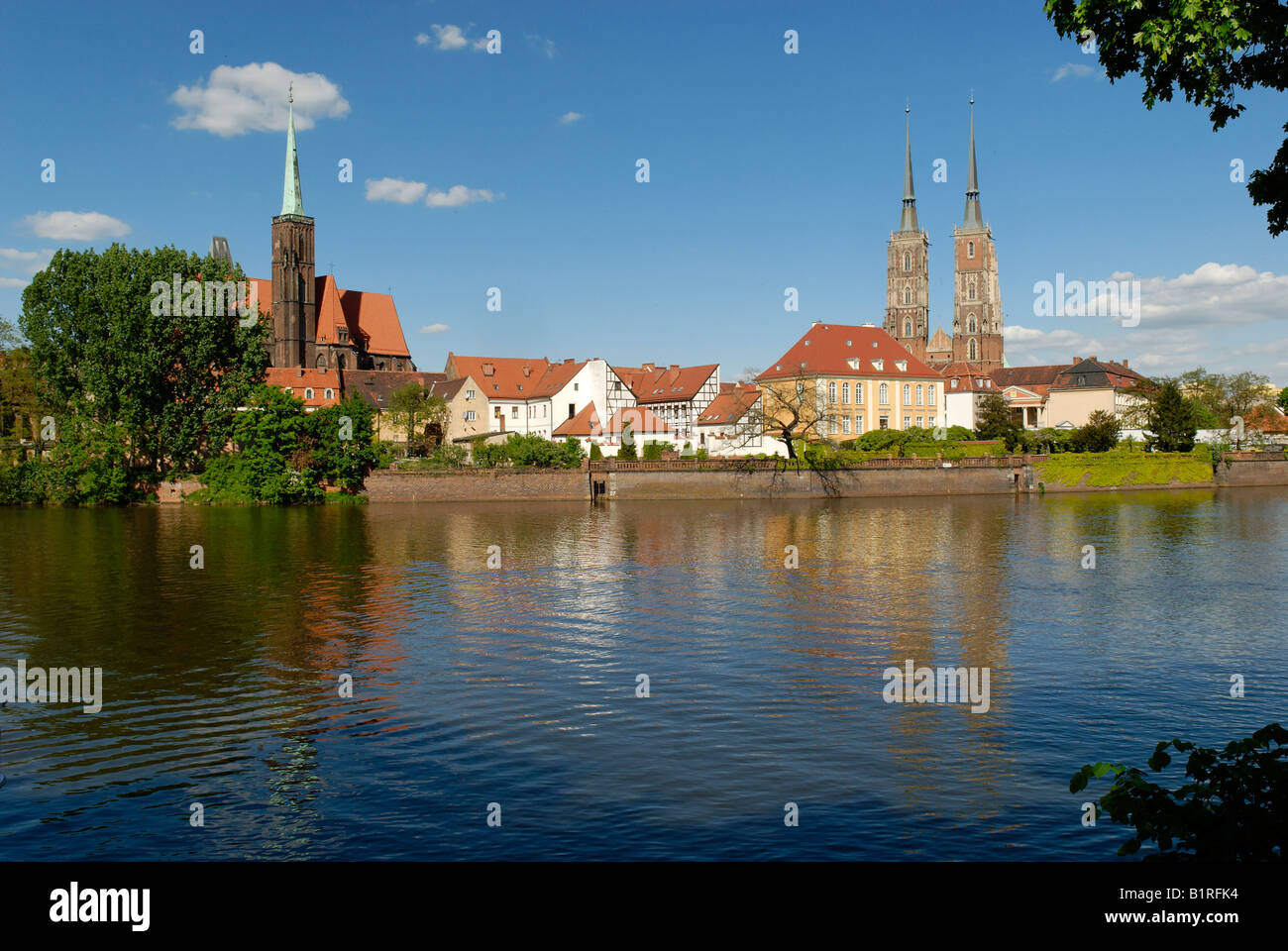 Vista sul fiume Oder, Cattedrale di Wroclaw, Wroclaw, Slesia, Polonia, Europa Foto Stock