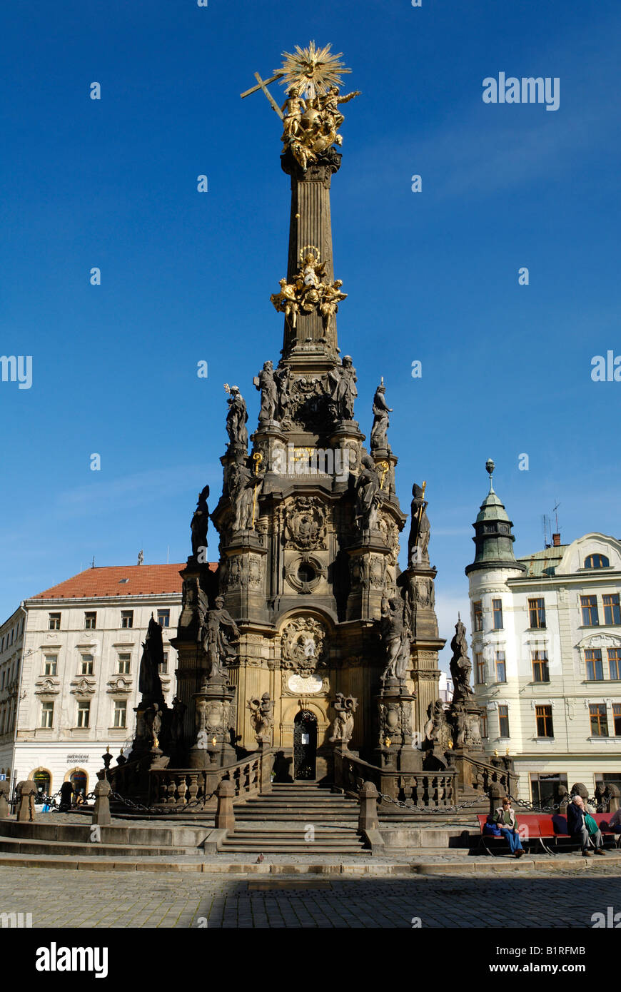 Piazza superiore di Olomouc con Patrimonio Mondiale dell'UNESCO la Colonna della Santa Trinità, la Moravia del Nord, Repubblica Ceca, Cechia, Europa Foto Stock