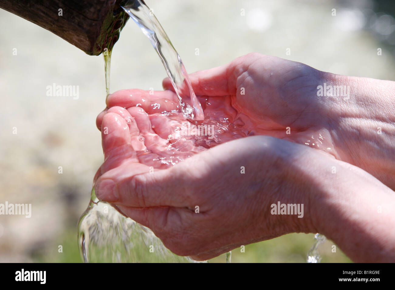 Mani acqua cupping, molla acqua da una fontana, Ramsau Chiesa, Reiteralpen Alpi vicino a Berchtesgaden, Alta Baviera, Germania, Foto Stock
