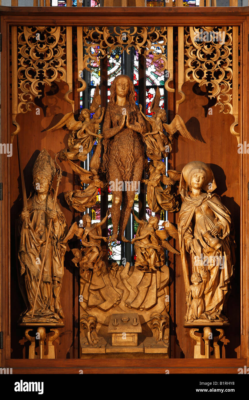 Altare intagliato di Santa Maria Maddalena da Tilman Riemenschneider, Chiesa Parrocchiale di Santa Maria Magdalena, Muennerstadt, Rhoen Mountain Foto Stock