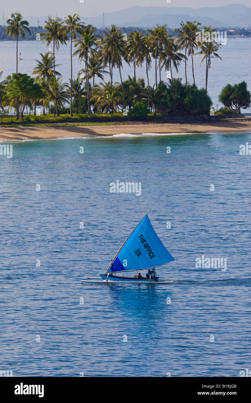 Pescatore in una barca outrigger ritornando dalla sua la pesca al mattino, palme e spiaggia a retro, Isola di Lombok, minore S Foto Stock