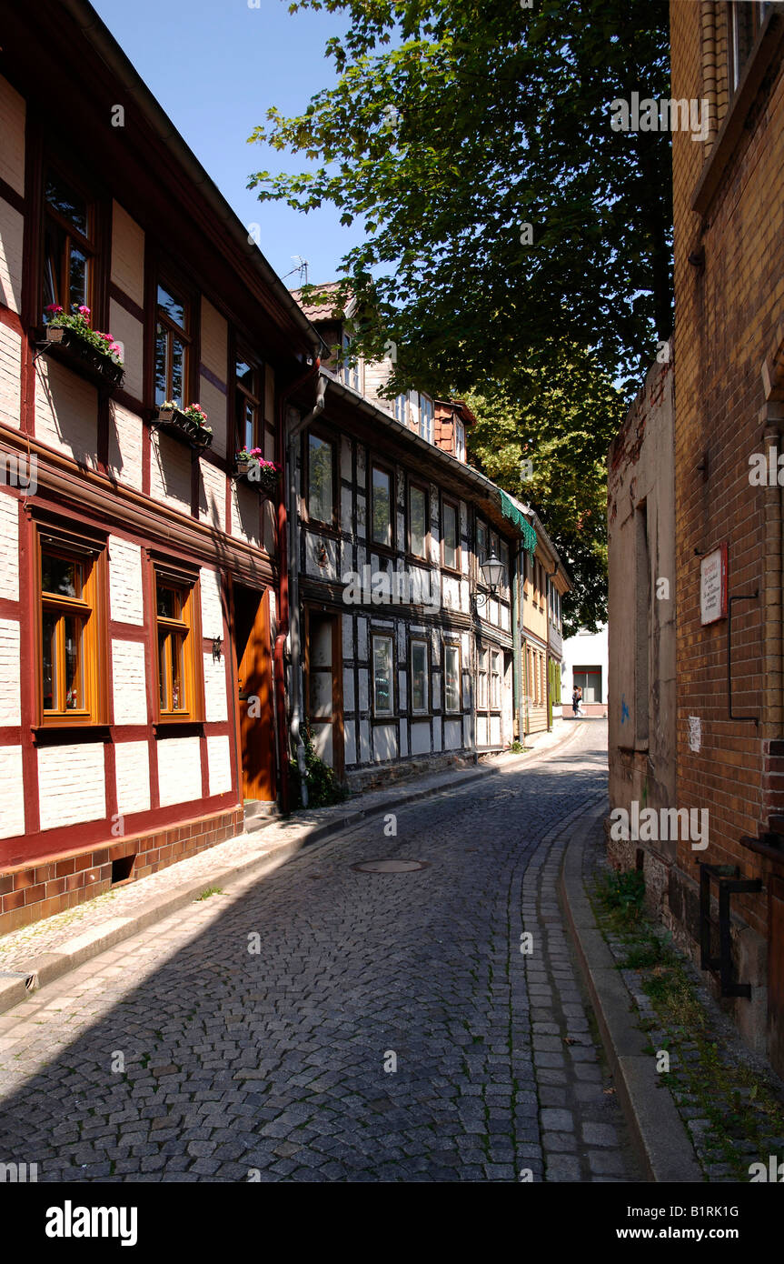 Case storiche lungo un vicolo a Wernigerode, Sassonia-Anhalt, Germania, Europa Foto Stock