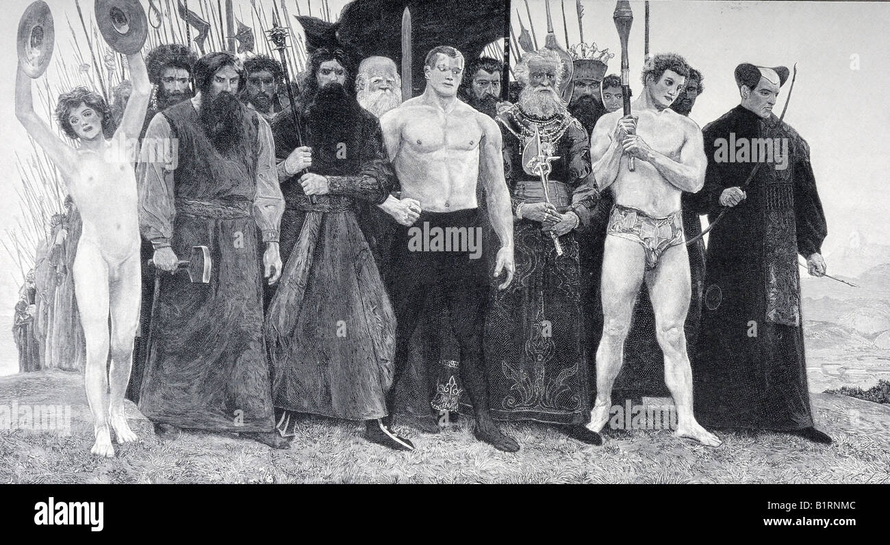 Zum Kampfe, alla lotta, xilografia dall Annuario Moderne Kunst di Meisterholzschnitten, arte moderna in Master xilografie, 1903 Foto Stock