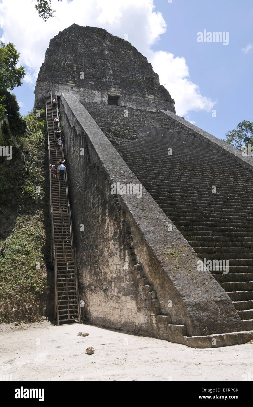 Scalini di pietra e ripide scalini di legno sul Tempio 5, rovine Maya, Tikal, Guatemala, America Centrale Foto Stock