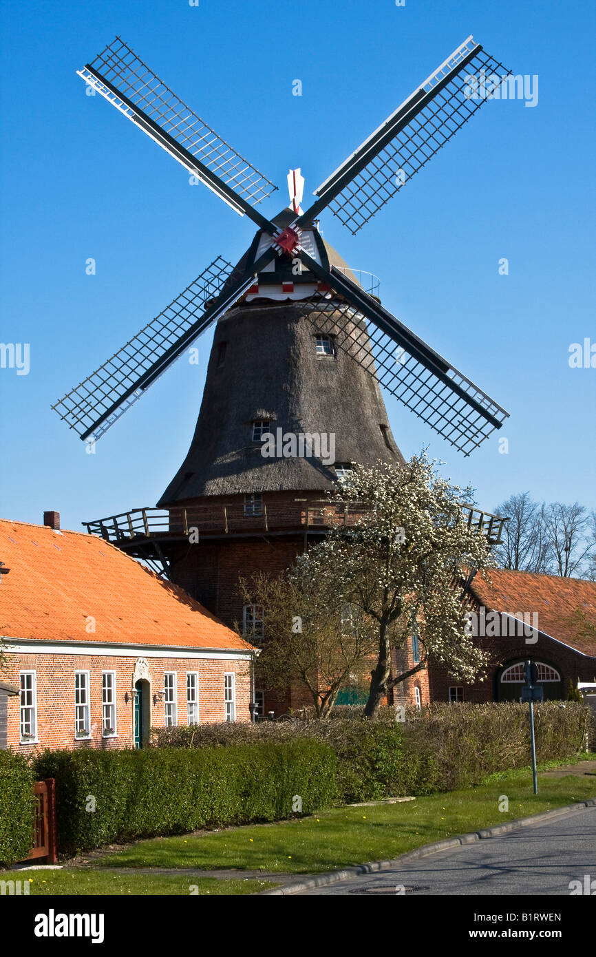 Storico Schlachtmuehle olandese mulino con rosa dei venti, Jever, East Friesland, Bassa Sassonia, Germania, Europa Foto Stock