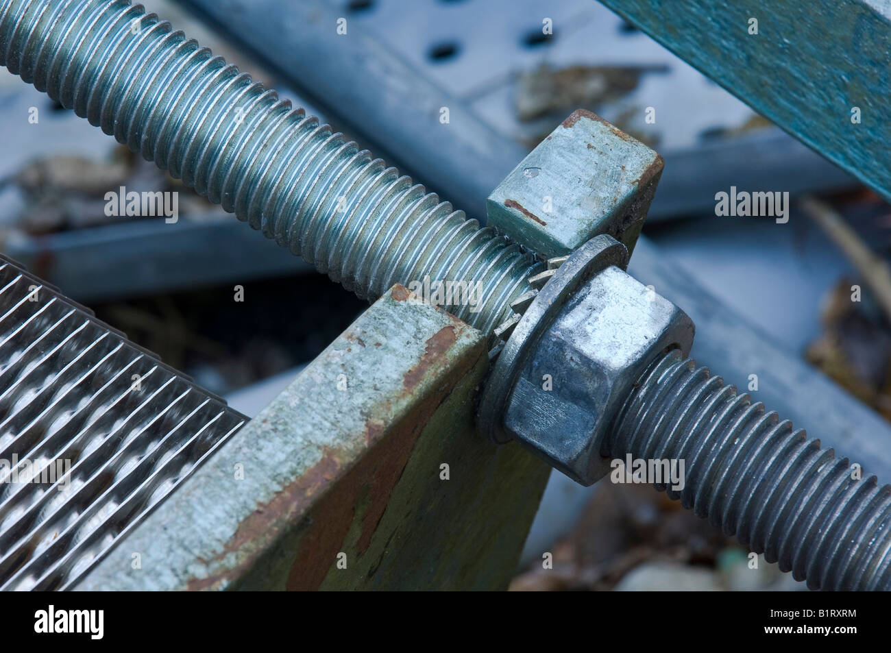 Asta filettata con il dado e il disco del trinciapaglia Foto Stock