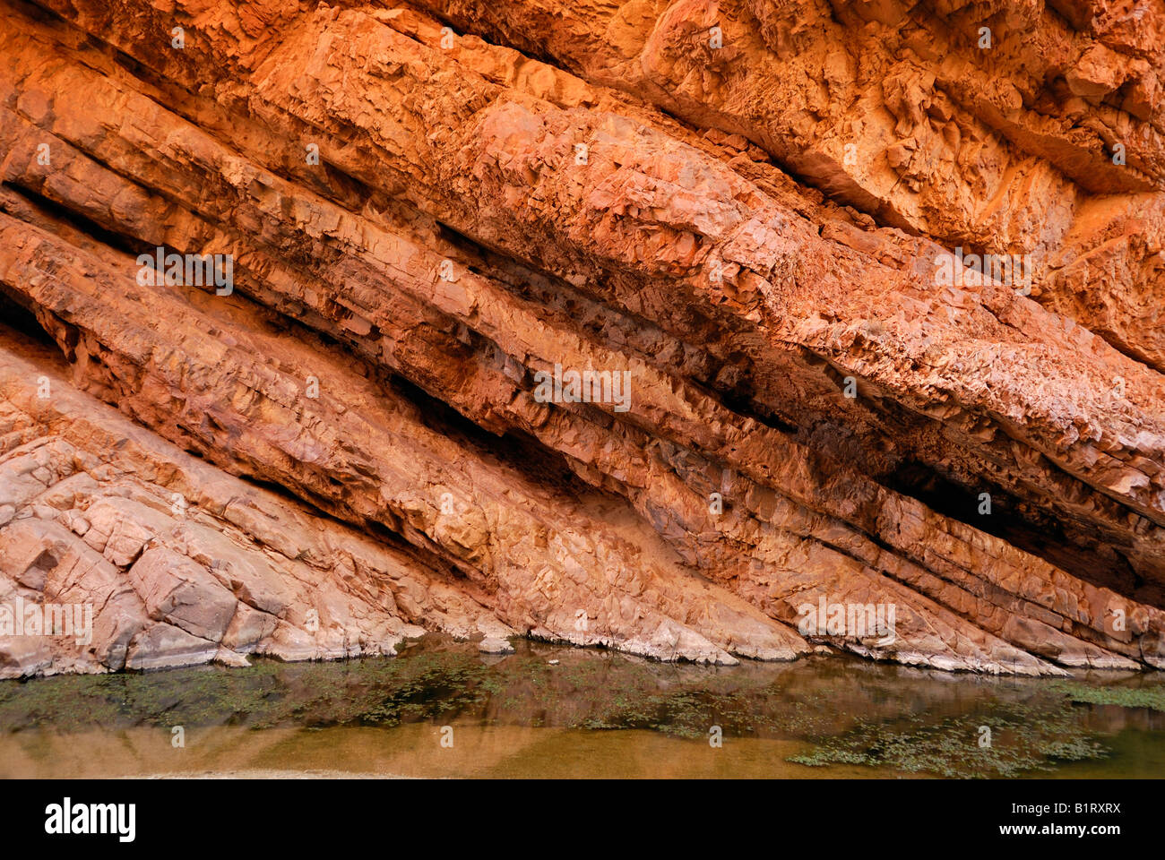 Strutturato in diagonale la stratificazione di roccia, strati, Simpsons Gap, West MacDonnell Ranges, Territorio del Nord, l'Australia Foto Stock