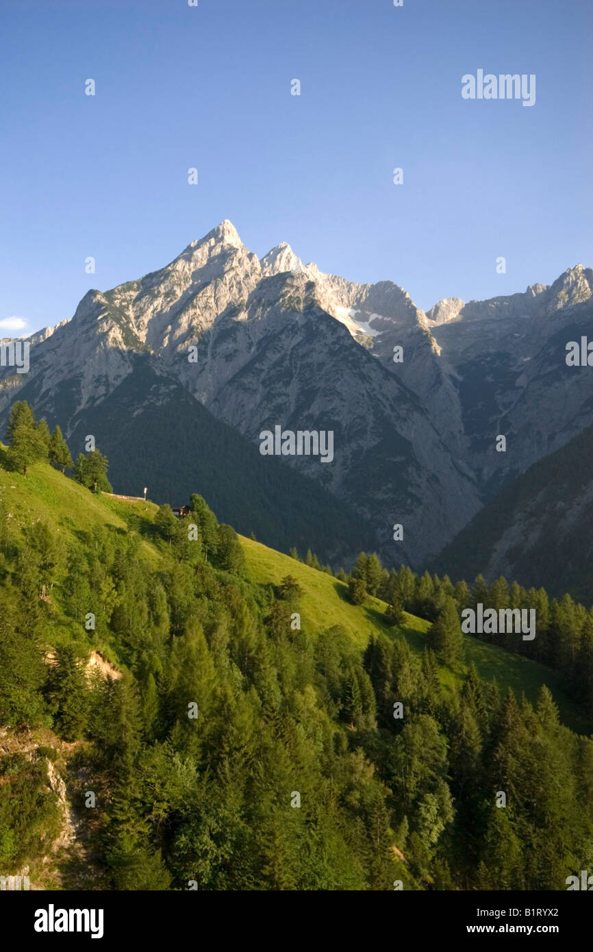 Ganalm pascolo alpino e Mt. Huderbankspitze, Vomperloch, gamma Karwendel, Schwaz, in Tirolo, Austria, Europa Foto Stock