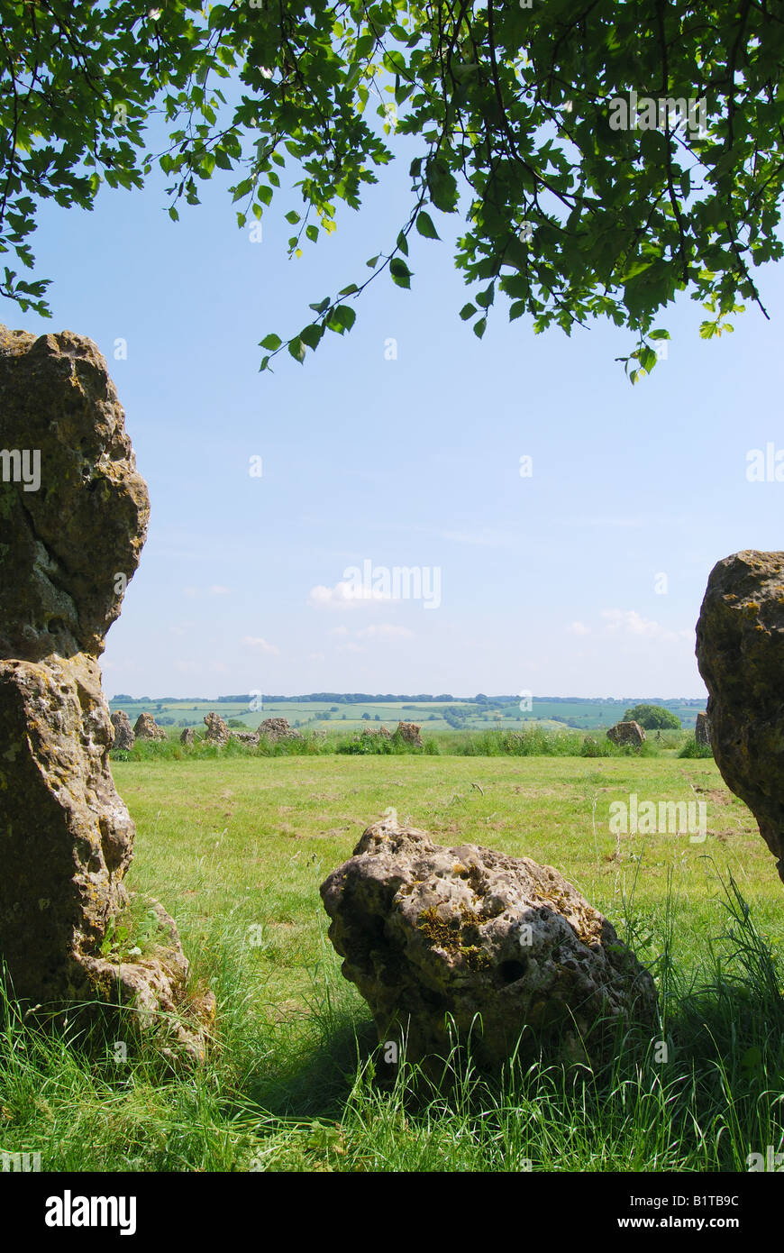 "Gli uomini del re' Stone Circle (l'Rollright Stones), vicino a Long Compton, Oxfordshire, England, Regno Unito Foto Stock