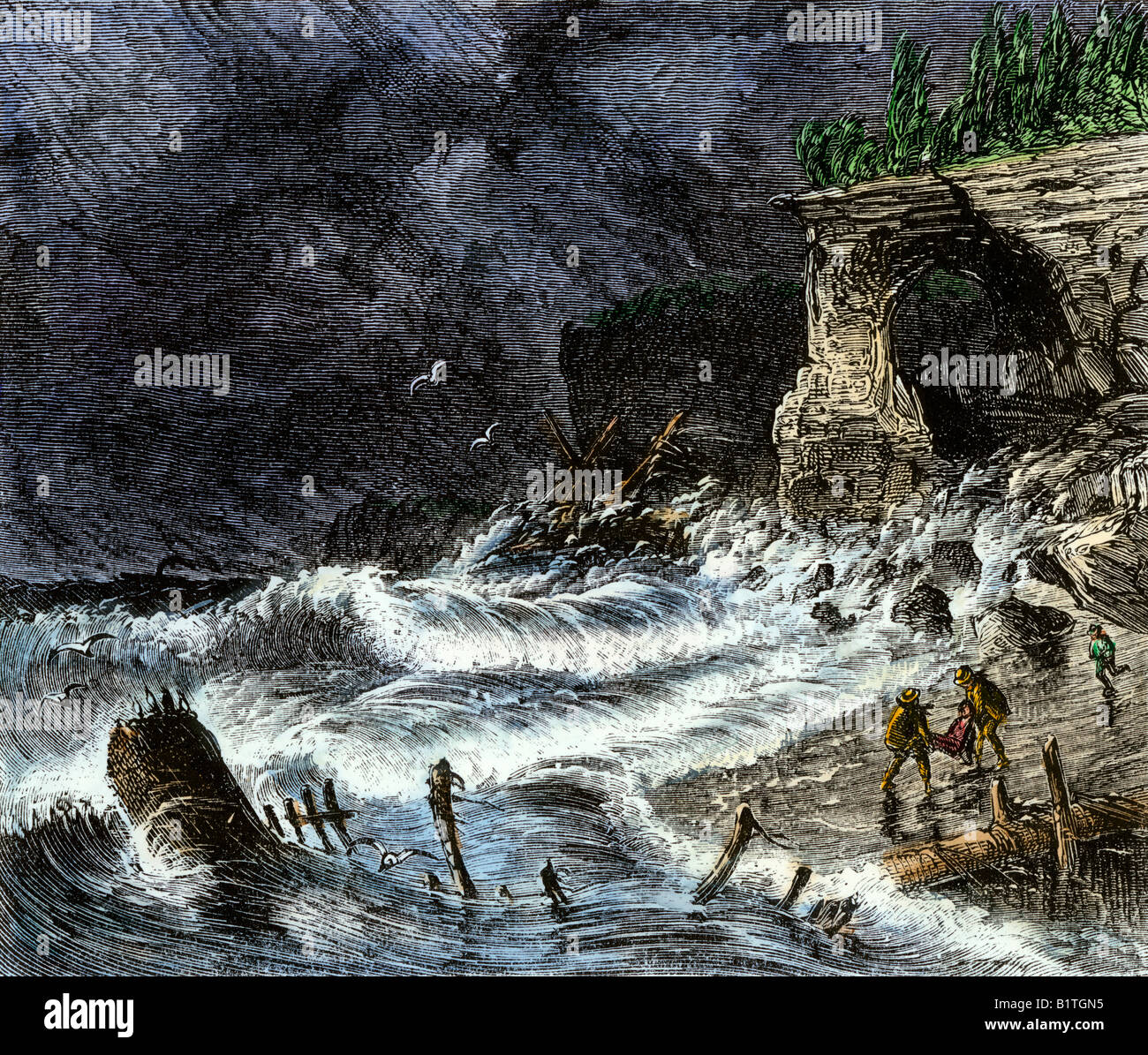 Tempesta naufragio di lavaggio le vittime e i detriti di terra lungo il lago superiore 1800s. Colorate a mano la xilografia Foto Stock