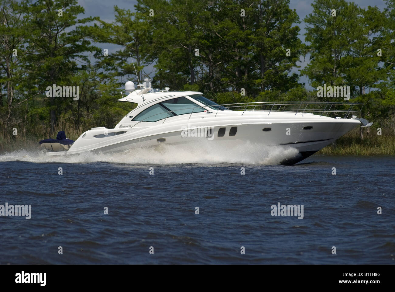 Powerboating lungo il fiume Apalachicola vicino Apalachicola Florida Foto Stock