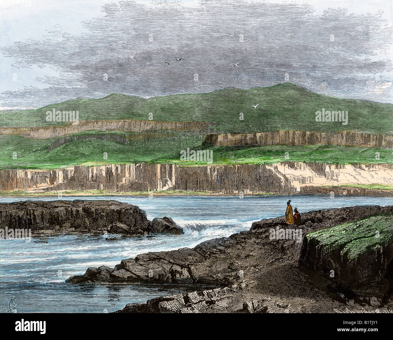 I nativi americani che si affaccia sulla Dalles del fiume Columbia. Colorate a mano la xilografia Foto Stock